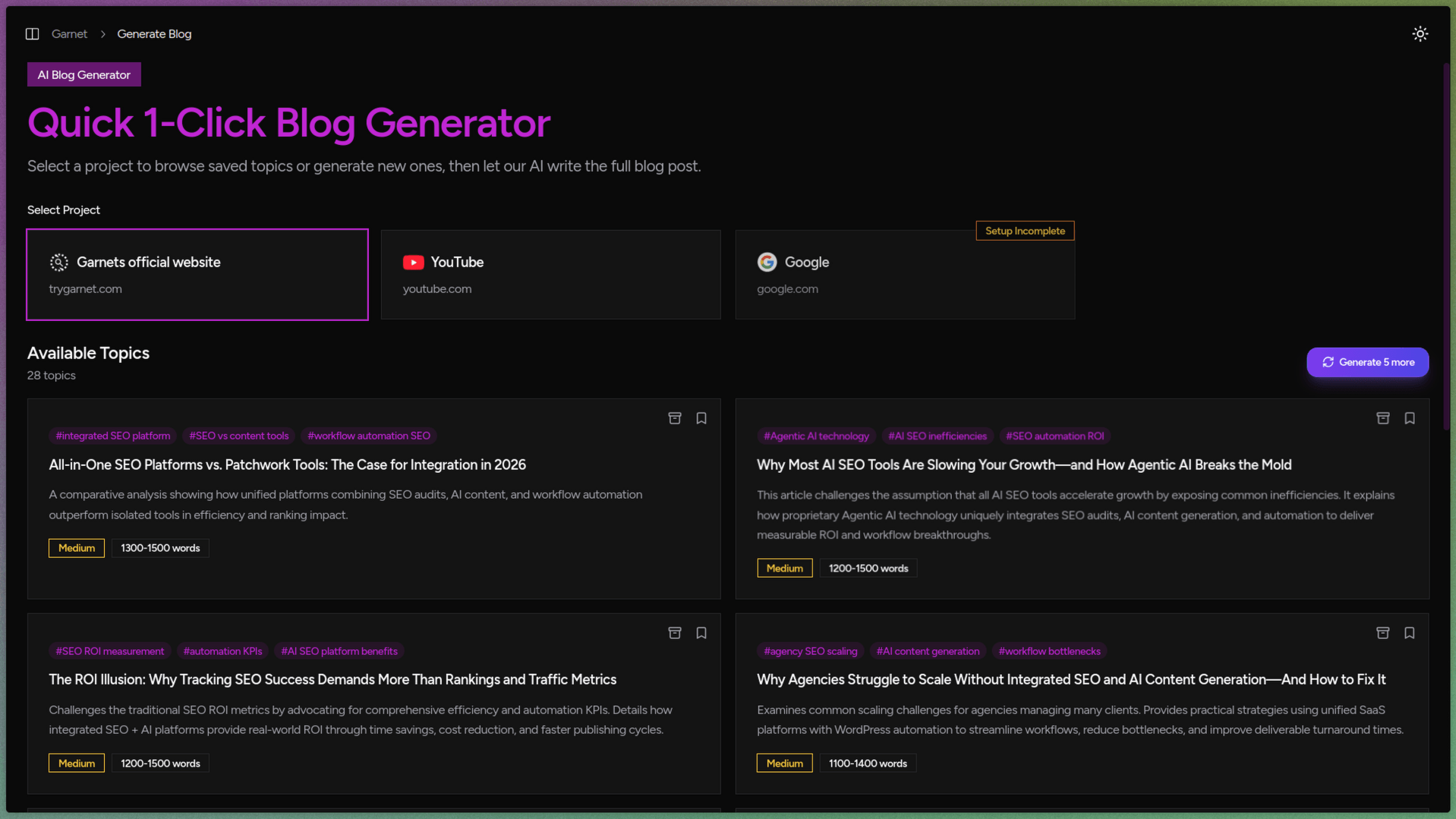 Garnet AI Blog Generator dashboard